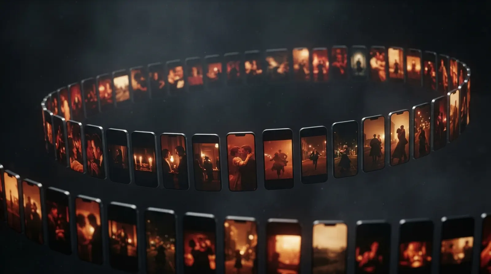 An arc of glowing vertical phone screens, each playing a different short drama scene