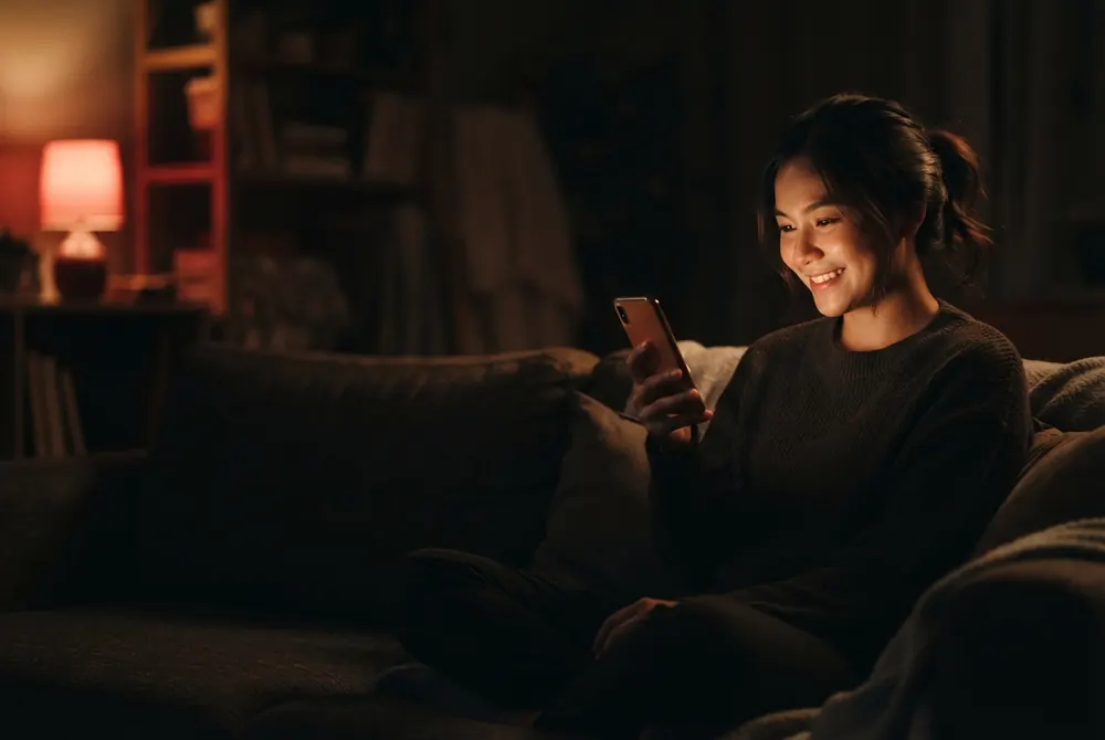 A woman smiling as she watches short drama on her phone at night