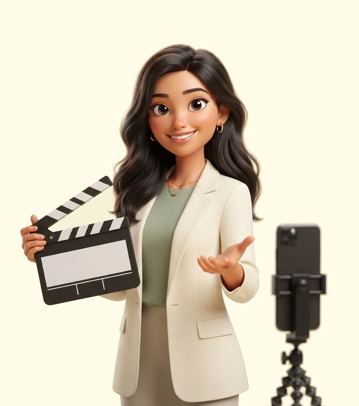 Illustration of the Microdrama Academy instructor holding a clapperboard beside a vertical phone on a tripod
