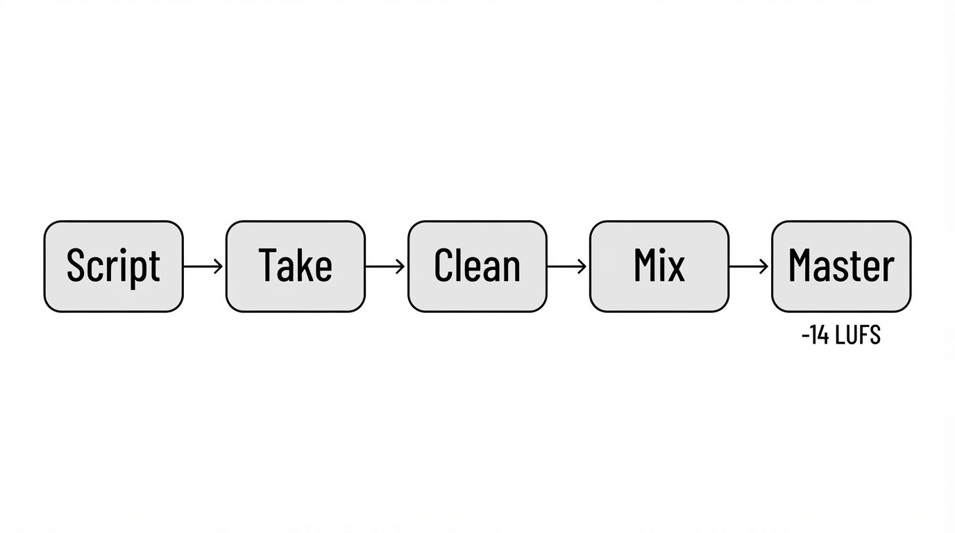 Five-stage audio pipeline from script through take, clean, mix, and master