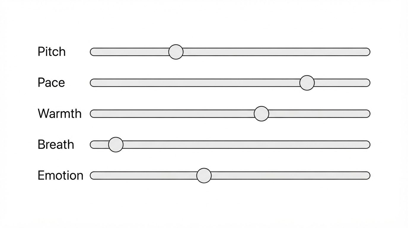 Five voice parameters: pitch, pace, warmth, breath, and emotion