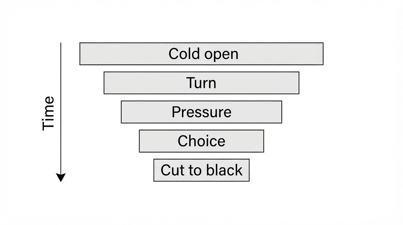 Five parts of a microdrama episode from cold open through the closing cut