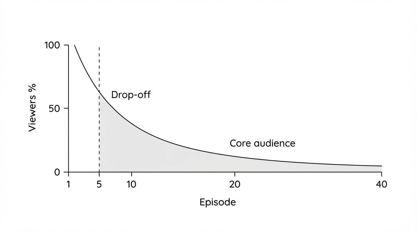 Microdrama retention curve falling steeply across the first five episodes then flattening