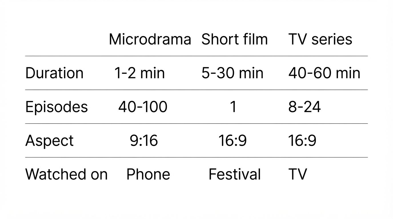 Comparison table of microdrama, short film, and TV series across duration, episodes, aspect ratio, and device