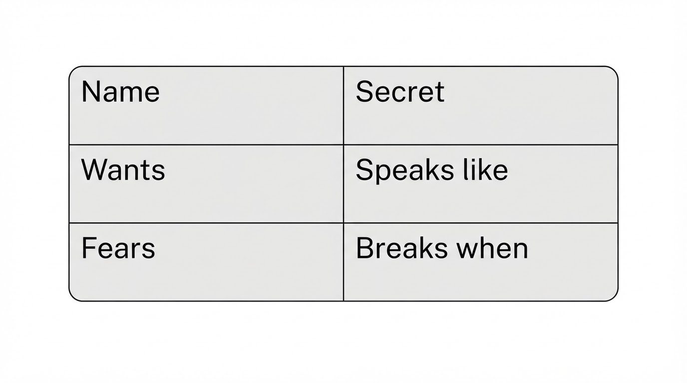 Character card with six fields: name, wants, fears, secret, speech, breaking point