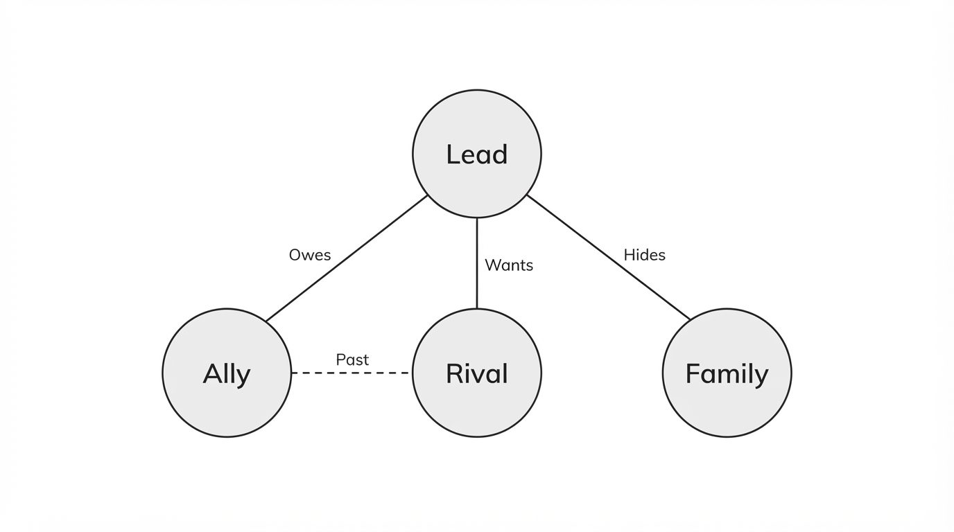 Relationship map between the lead and ally, rival, and family with labelled connections