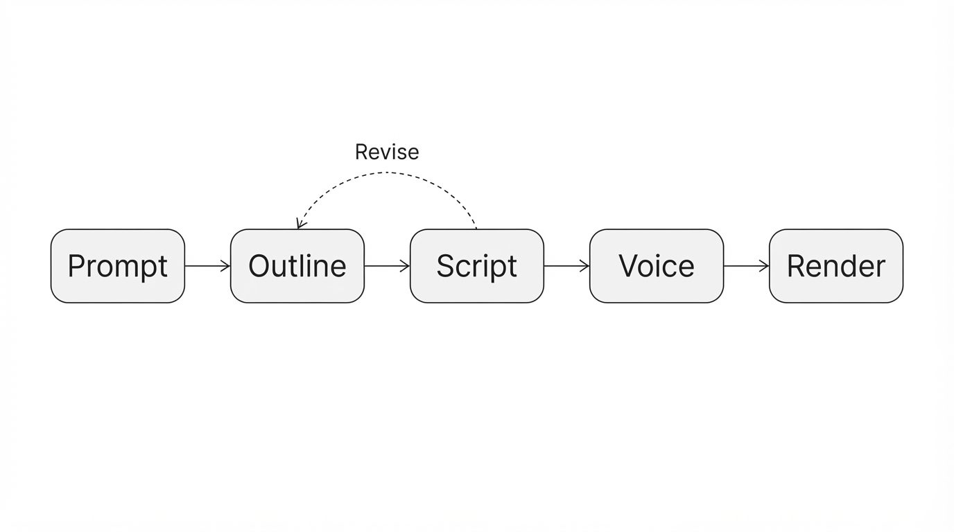 Alur kerja lima tahap prompt, outline, naskah, suara, render dengan panah revisi kembali ke outline