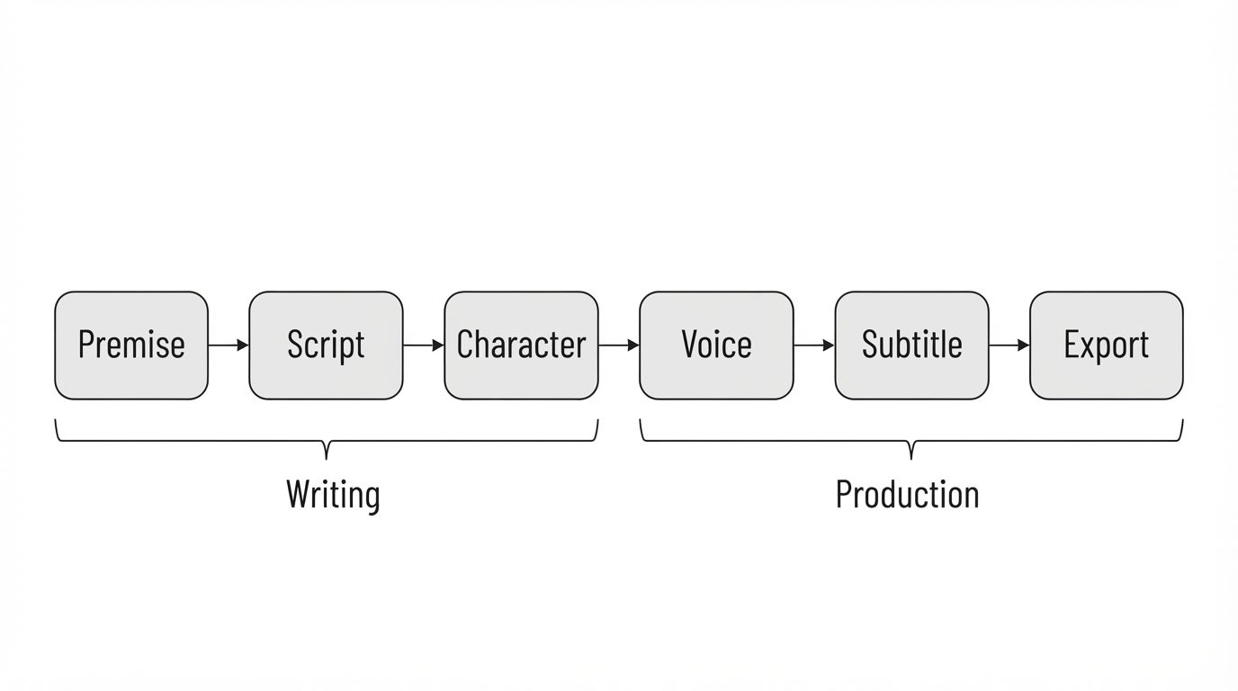 Six-stage microdrama production pipeline from premise through export