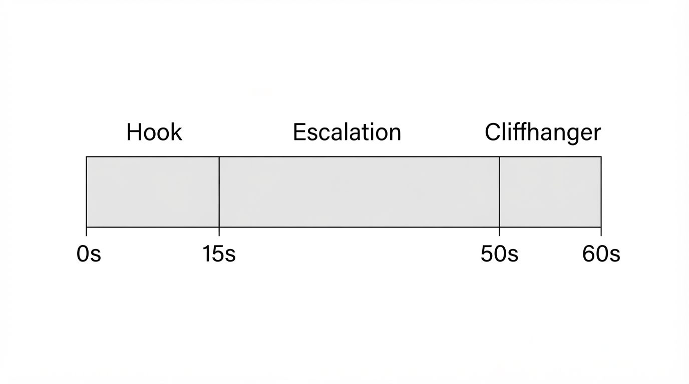 Timeline splitting one 60-second episode into hook, escalation, and cliffhanger
