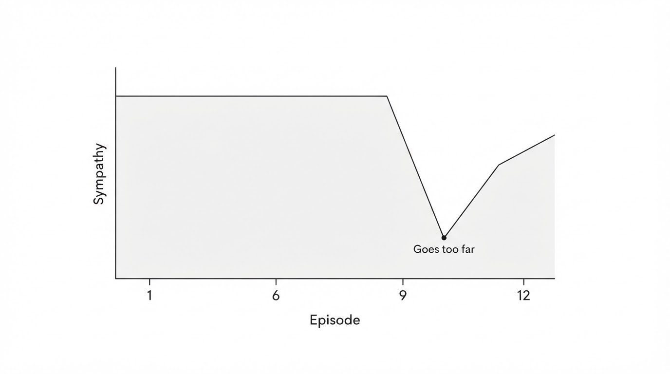 Audience sympathy dropping sharply around episode nine then partly recovering