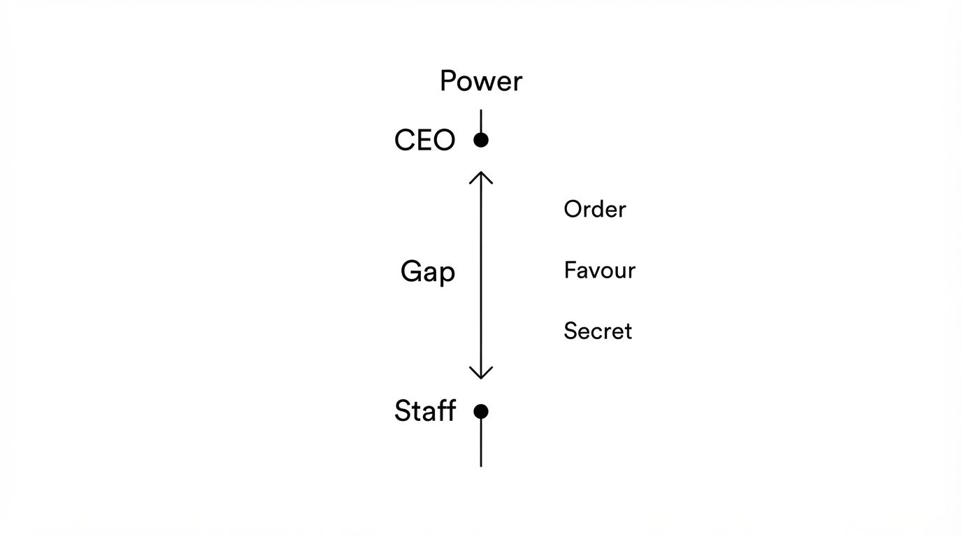 Power axis with CEO above and staff below, and three expressions of the gap