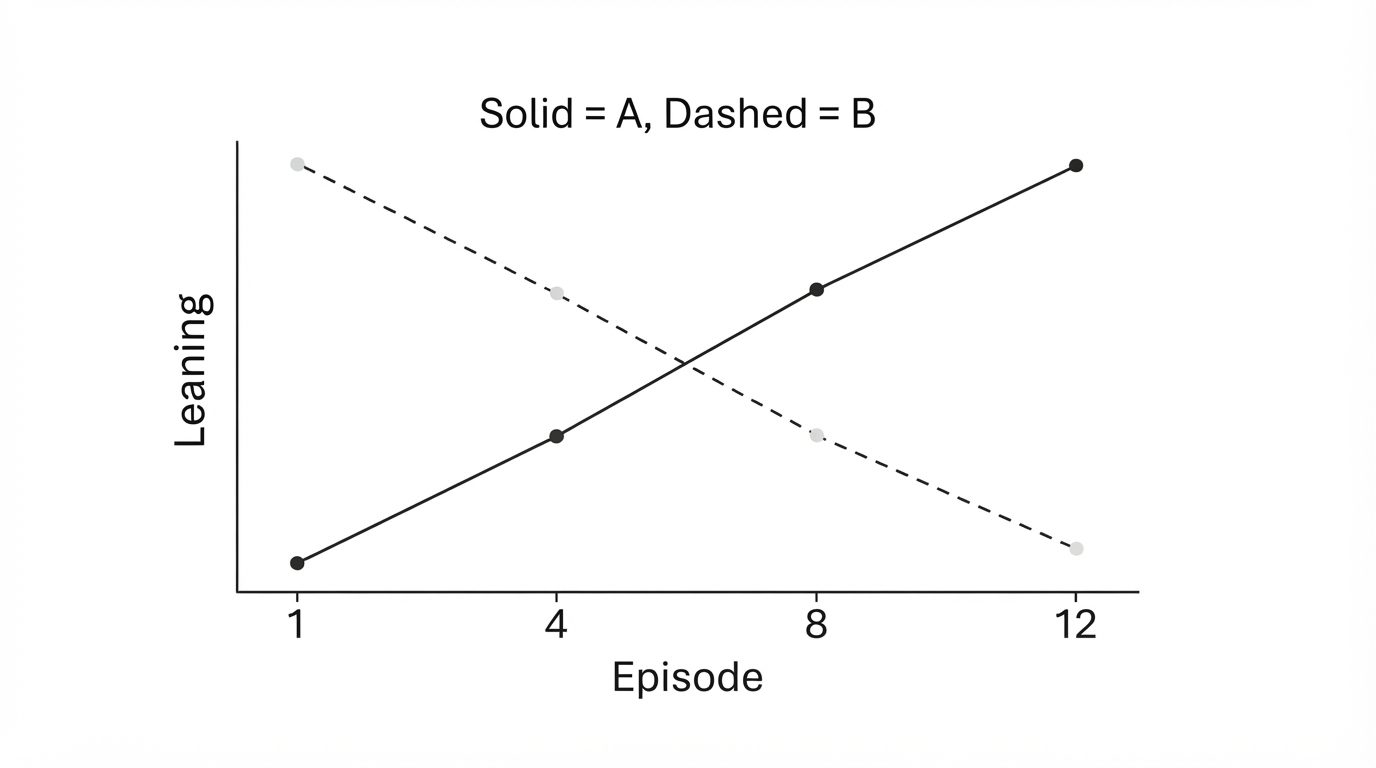 Two leaning lines crossing twice at episodes four and eight