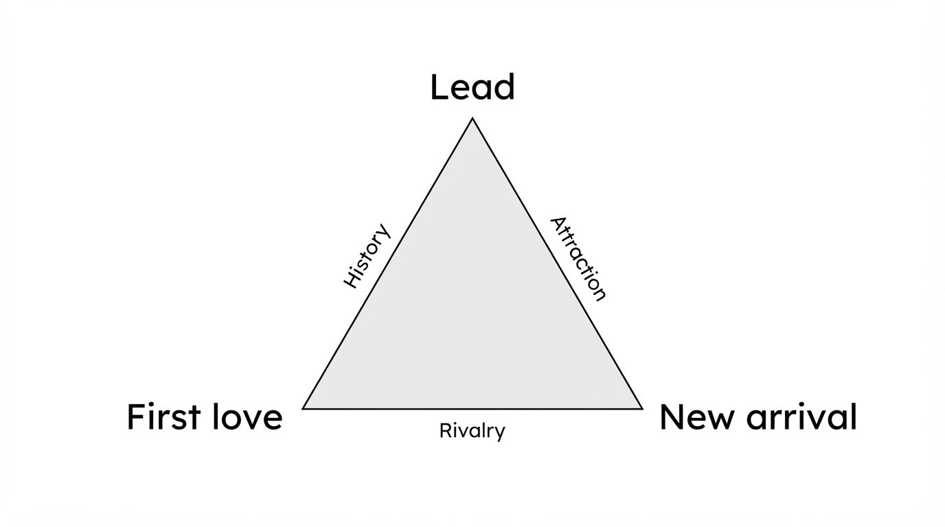 Triangle with three character corners and sides labelled history, attraction, and rivalry