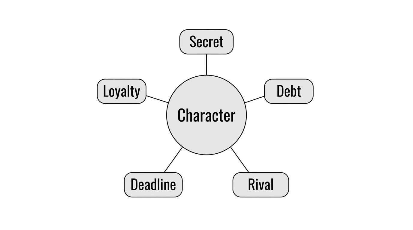 A character at the centre with five sources of conflict: secret, debt, rival, deadline, loyalty