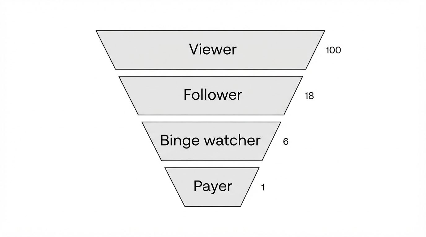 Funnel dari penonton, pengikut, penonton setia, sampai pembayar dengan angka 100, 18, 6, dan 1