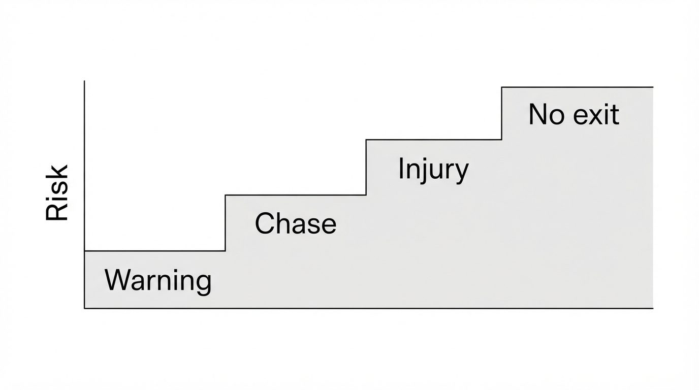 Four steps of threat escalation: warning, chase, injury, and no exit