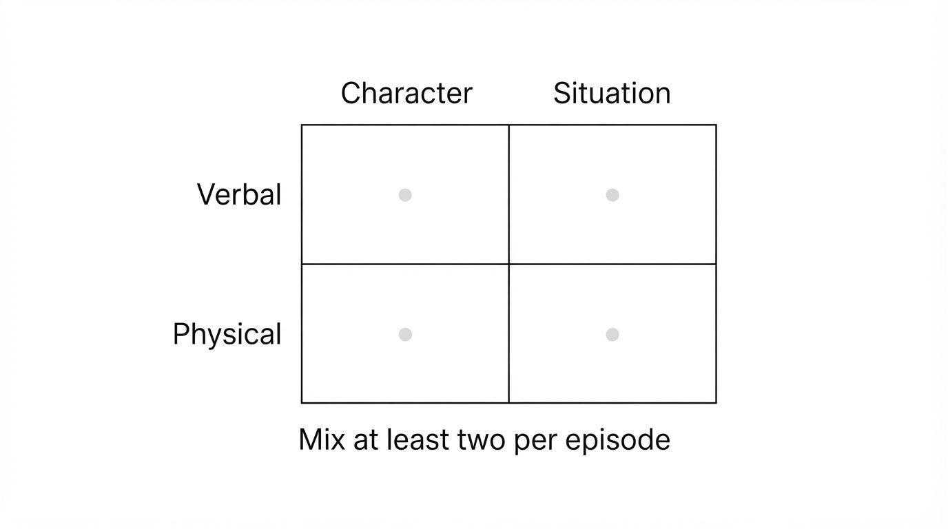 Matrix of four joke types: verbal and physical, from character and from situation