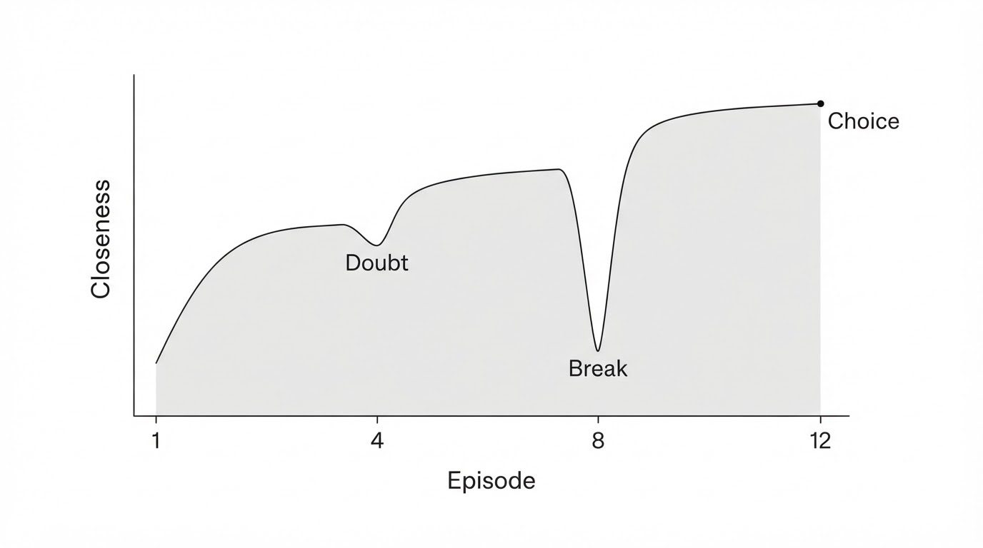 Closeness curve between two characters across twelve episodes with two deliberate drops