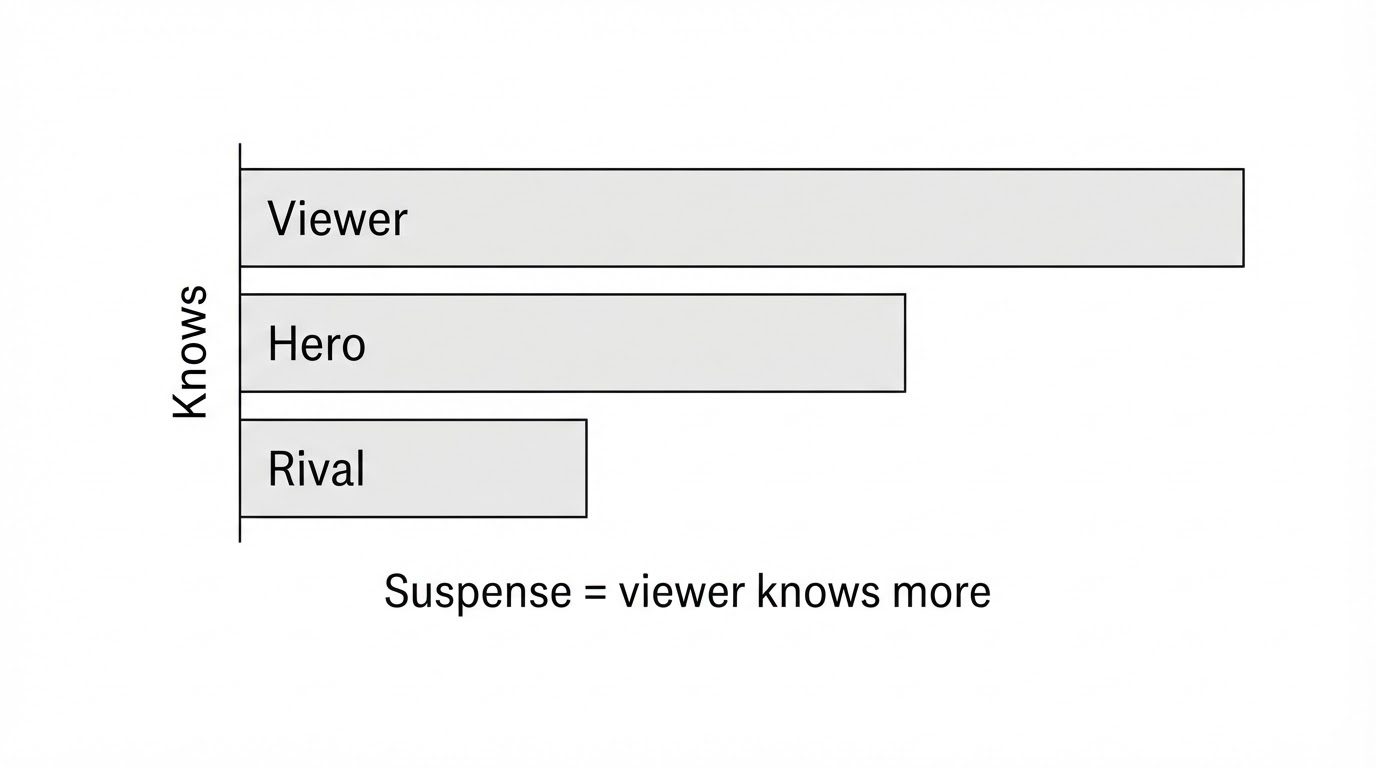 Three levels of knowledge between viewer, hero, and rival
