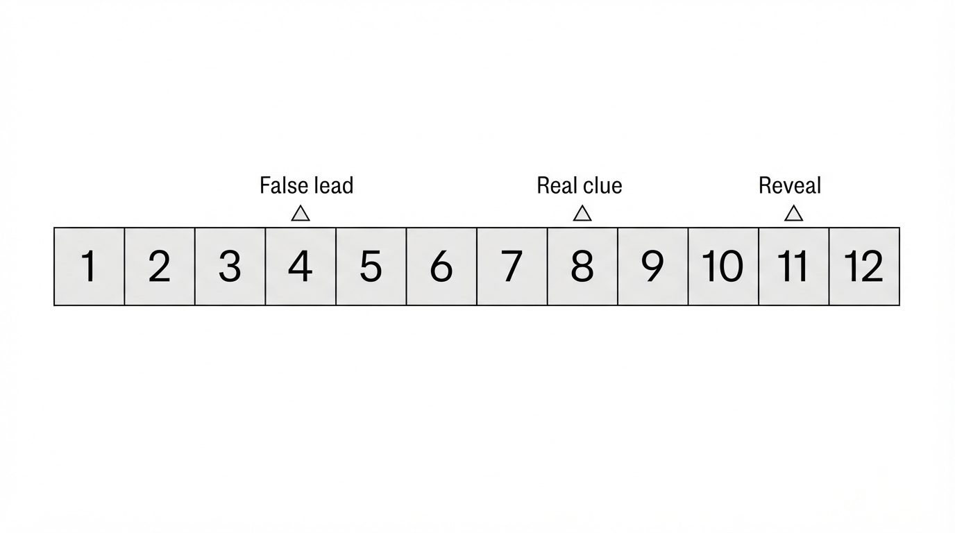 Clue schedule with false lead at episode four, real clue at eight, reveal at eleven