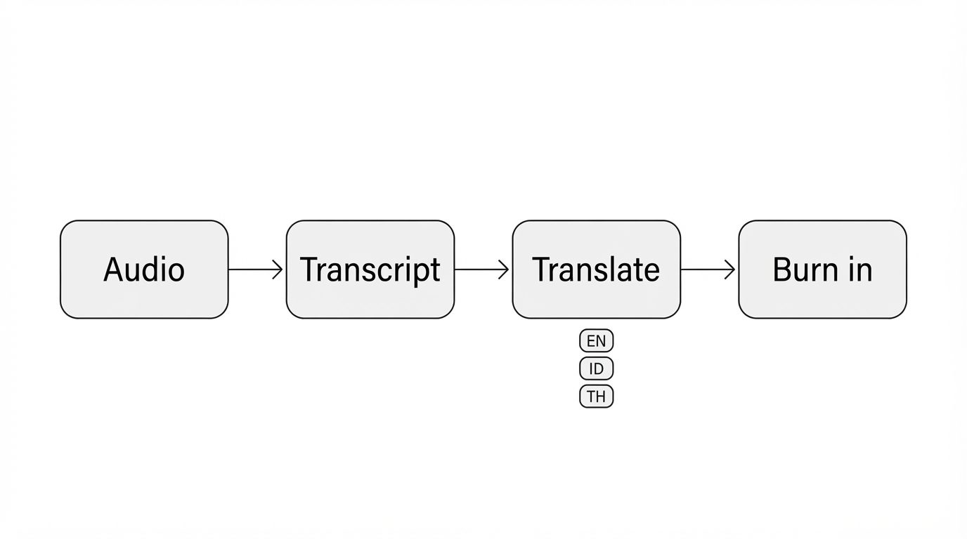 Pipeline from audio to transcript to translation to burned-in captions across languages