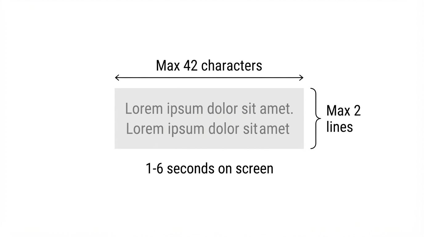 Subtitle block rules: maximum two lines, 42 characters per line, one to six seconds on screen