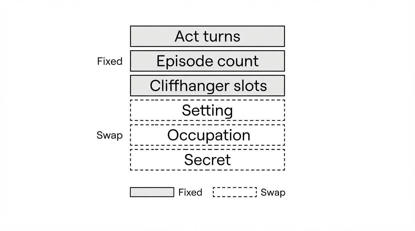 Six template parts split into three that stay fixed and three that must be replaced per title