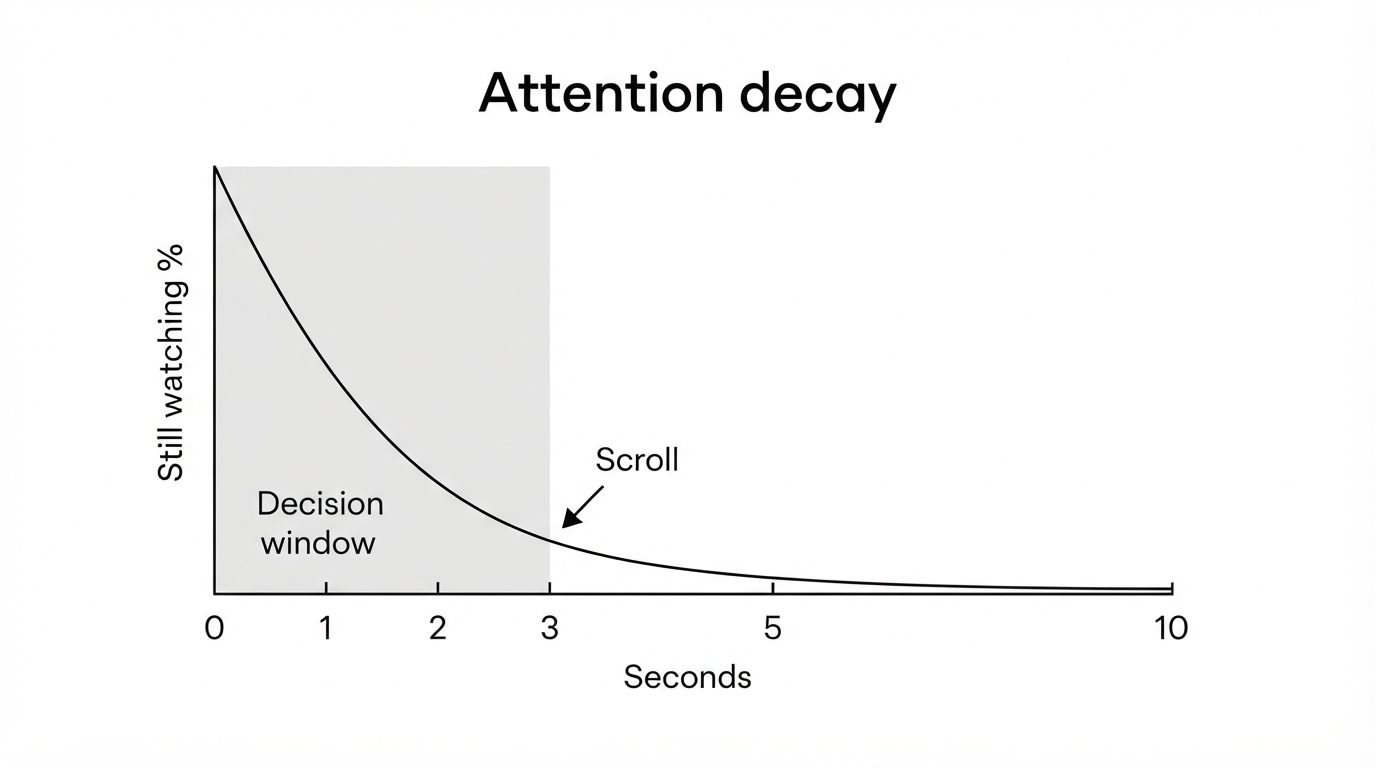 Attention decay curve across the first ten seconds with the decision window in the first three