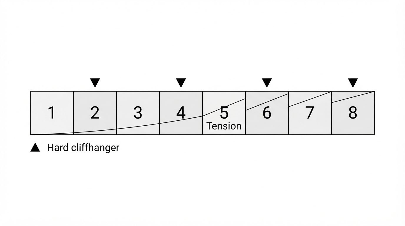 Eight episodes with hard cliffhanger markers on the even episodes and a rising tension curve